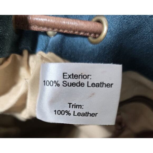 Anabaglish Suede/Leather Drawstring Hobo Shoulder Bag Purse Teal with Brown Trim - Picture 14 of 15